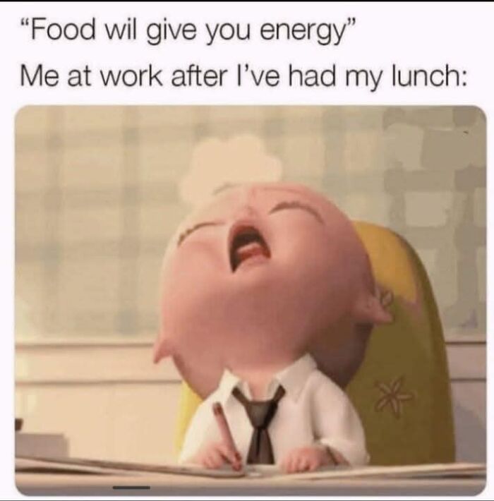 Tired animated character at work after lunch, illustrating relatable and hilariously accurate work memes for office fatigue.