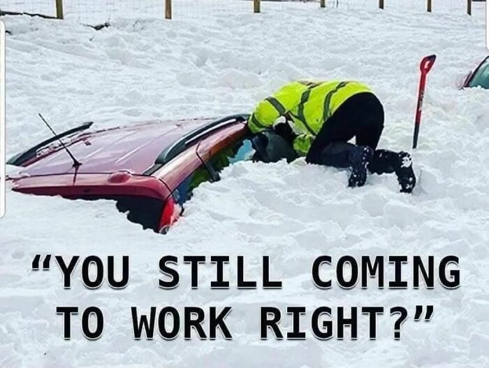 Person in a bright jacket leaning into a snow-covered car with a shovel nearby, depicting work memes about tough work situations.