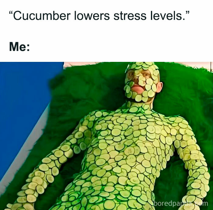 Person covered head-to-toe with cucumber slices lying down, illustrating a funny work meme about stress relief.