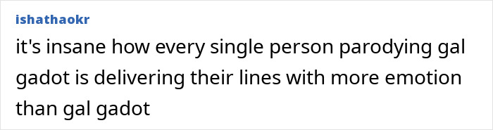 Comment text criticizing Gal Gadot's acting, highlighting her reputation as worst actress in a social media post. Comment text criticizing Gal Gadot's acting, highlighting her reputation as worst actress in a social media post.