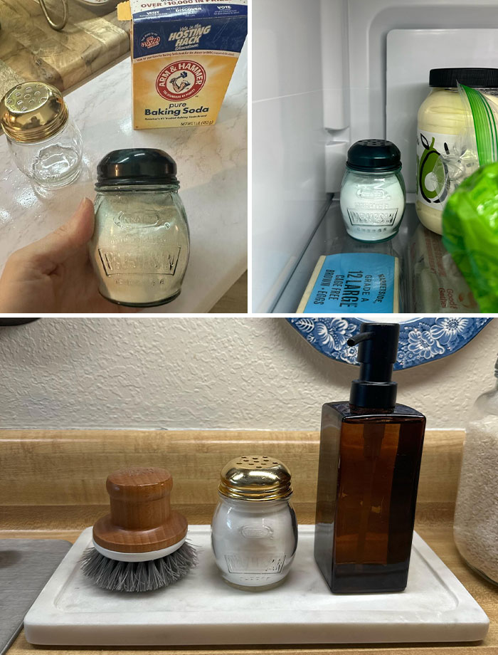 Hand holding a baking soda shaker, showing a genius life hack for storage and use in the kitchen and refrigerator.