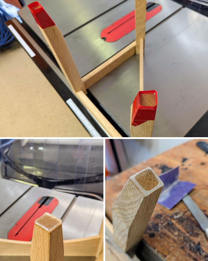 DIY woodworking life hacks showing creative ways to protect and shape wood pieces during cutting and assembly.