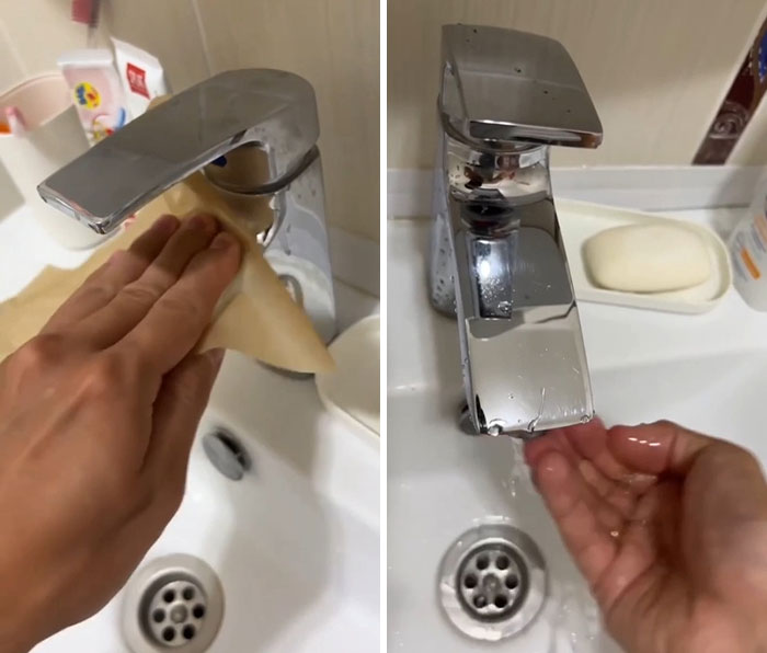 Hand wiping a faucet clean with a cloth and washing hands under a shiny sink tap, showing genius life hacks.