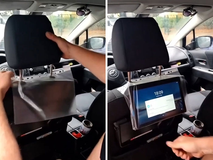 Car headrest life hack showing a DIY tablet holder using plastic wrap, demonstrating genius life hacks people actually use.