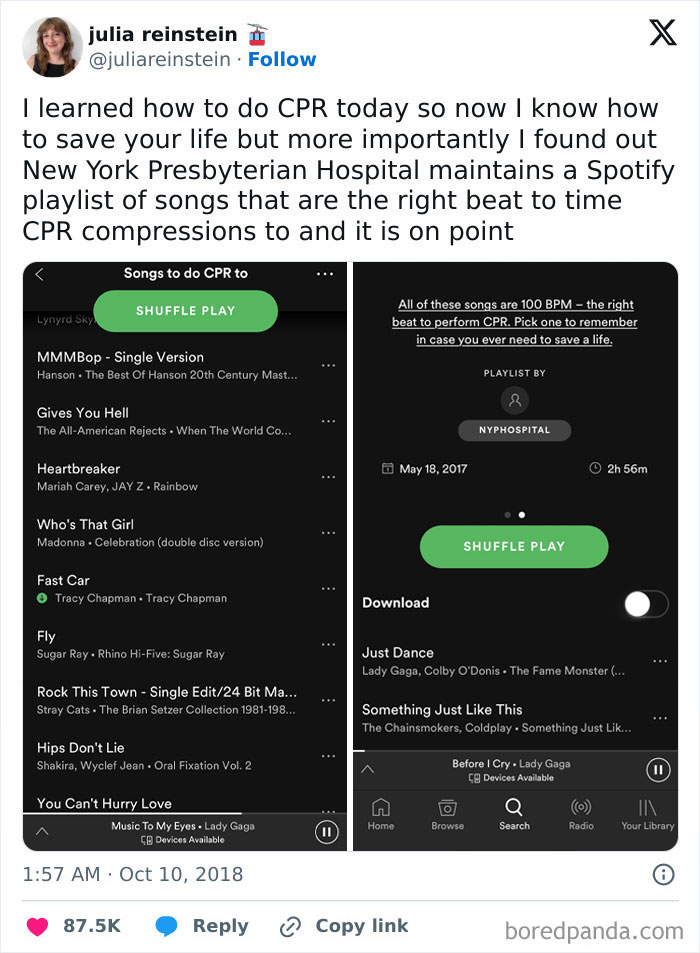 Screenshot of a Spotify playlist with songs timed for CPR compressions demonstrating genius life hacks people use.