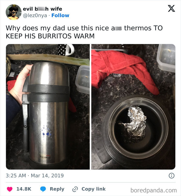 Thermos used as a clever life hack to keep burritos warm, showcasing one of the most genius life hacks people actually use.