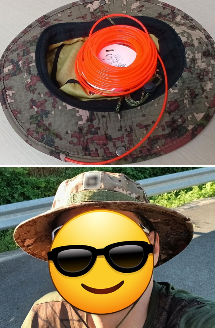 Camouflage hat used to store and carry orange coil for outdoor genius life hacks practical use.
