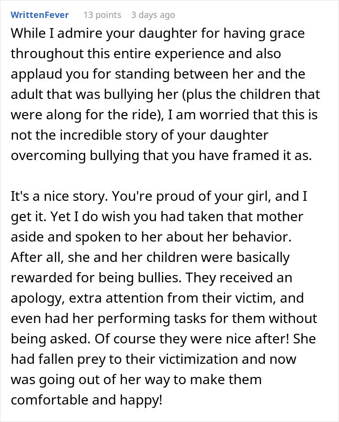 Comment discussing a girl facing bullying over a party seat and the impact of kindness in handling bullies. Comment discussing a girl facing bullying over a party seat and the impact of kindness in handling bullies.