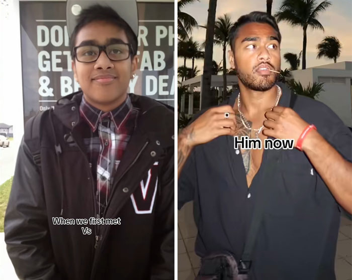 Before and after photos showing a glow-up transformation contrasting an older look with a stylish modern appearance.