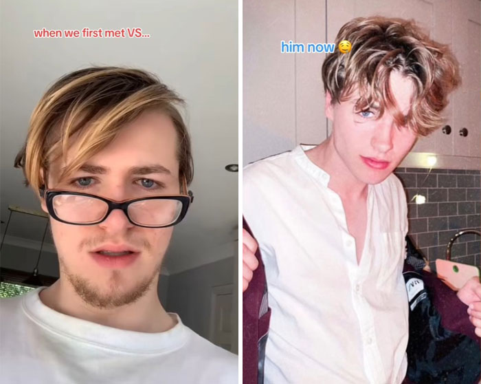 Side-by-side images showing the glow-up effect with a man’s style and appearance transformation over time.