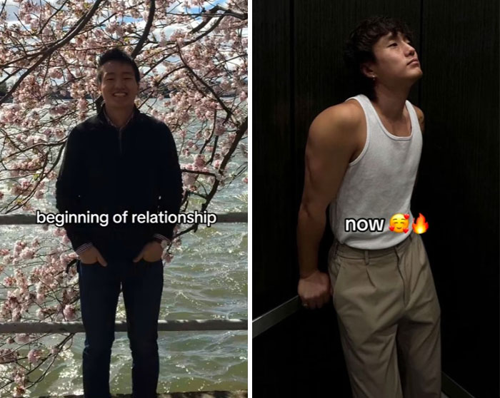 Side-by-side photos showing a man's glow-up effect from the beginning of relationship to now, highlighting confidence and style.