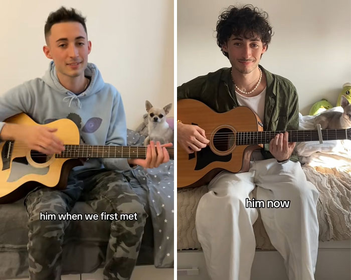 Side-by-side photos of a man playing guitar showing a visible glow-up in appearance capturing the girlfriend glow-up effect.