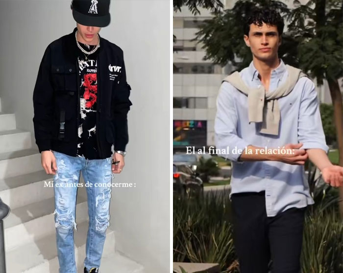 Two men shown in casual outfits illustrating a before and after style change related to the girlfriend glow-up effect.