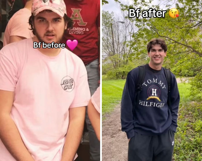 Side-by-side photos showing boyfriend before and after transformation illustrating the girlfriend glow-up effect.