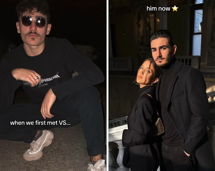 Side-by-side photos showing the girlfriend glow-up effect with a couple first meeting and later posing together stylishly.