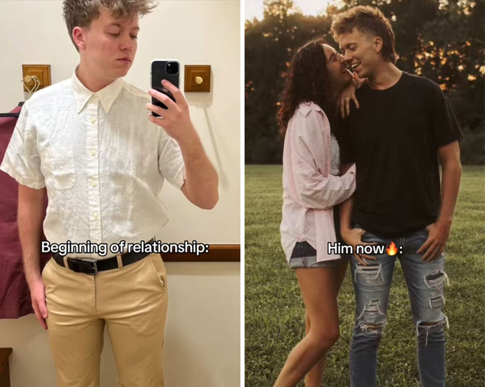 Before and after photos showing the girlfriend glow-up effect with a couple’s style and confidence transformation.
