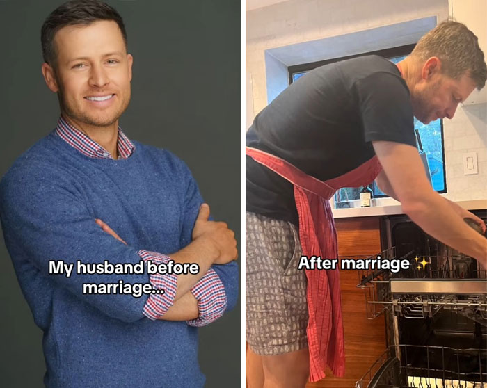 Husband before and after marriage shown in a casual kitchen scene, illustrating the girlfriend glow-up effect.