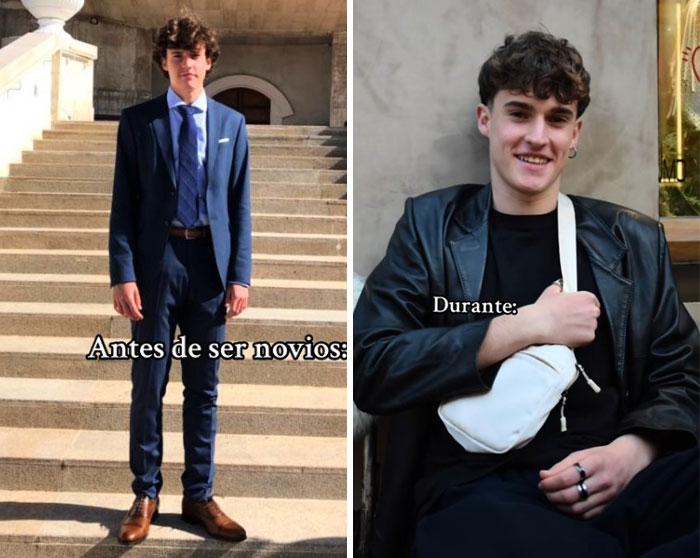 Before and during relationship photos showing the boyfriend’s style change illustrating the girlfriend glow-up effect.