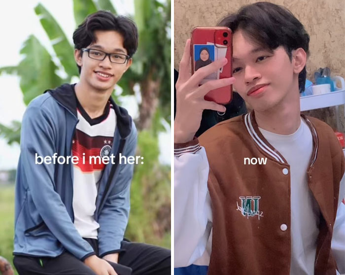 Young man showing a glow-up effect in before and after photos highlighting the girlfriend glow-up transformation.