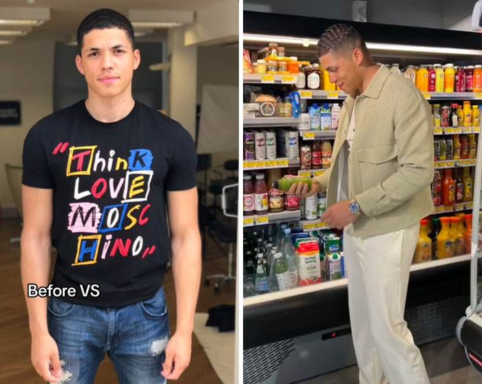 Young man showing a before and after glow-up effect, highlighting confidence and style transformation.