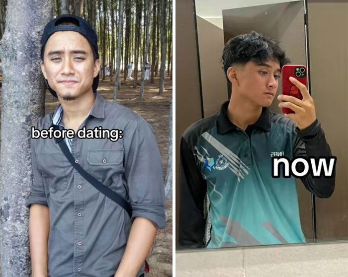 Before and after photos of a young man showing a confident glow-up effect after dating, with a casual outdoor and mirror selfie setting.