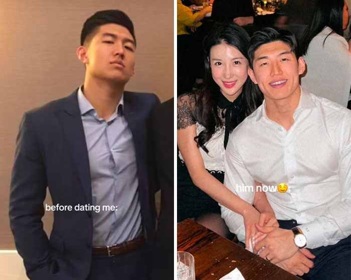Man before and after dating, showing the girlfriend glow-up effect with a confident couple smiling and holding hands.