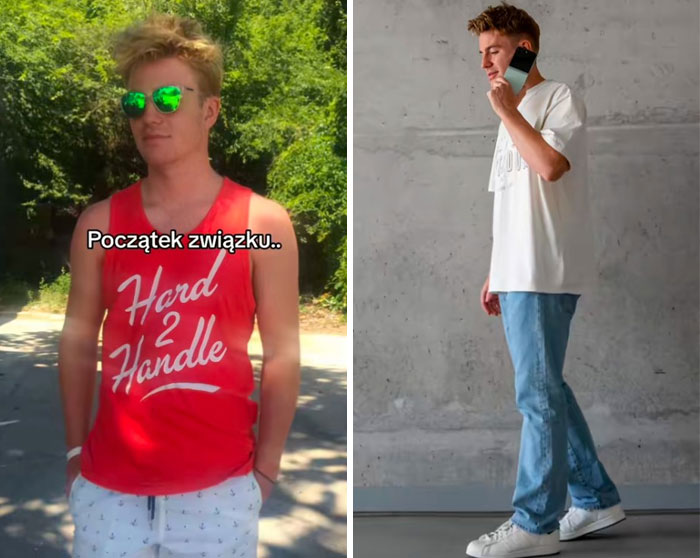 Young man showing a casual style transformation, illustrating the girlfriend glow-up effect with before and after looks.