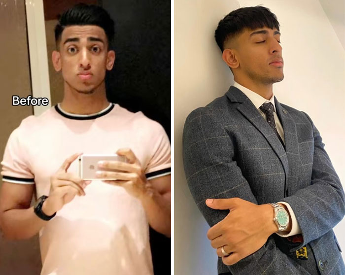 Before and after photos showing a stylish glow-up effect, highlighting confidence and improved appearance.