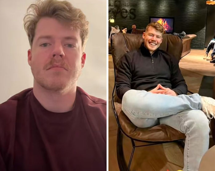 Image showing a man before and after transformation, illustrating a clear glow-up effect in a casual setting.