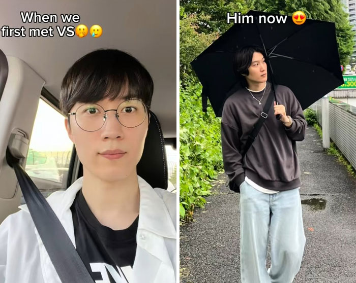 Before and after photos showing the boyfriend glow-up effect with casual style and confident poses outdoors and in a car.