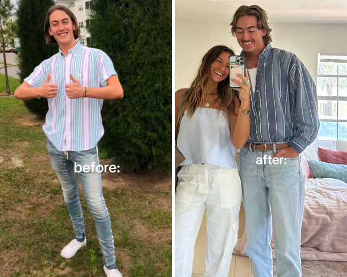 Side-by-side before and after photos showing the girlfriend glow-up effect with smiling couple and style change.