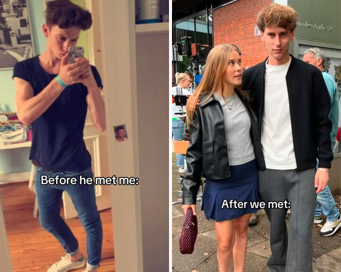 Young woman showing girlfriend glow-up effect with before and after photos alongside her partner outdoors.