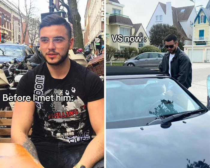 Man showing a transformation in style and confidence illustrating the girlfriend glow-up effect in two side-by-side photos.