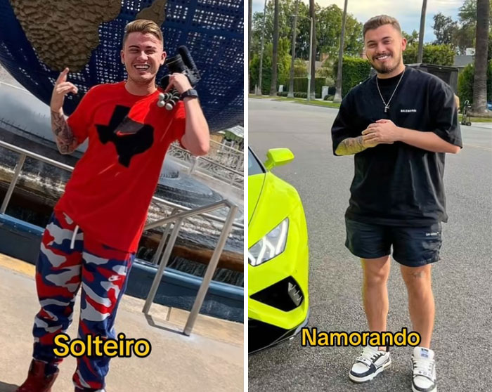 Young man showing confident glow-up transformation photo comparison for girlfriend glow-up effect.