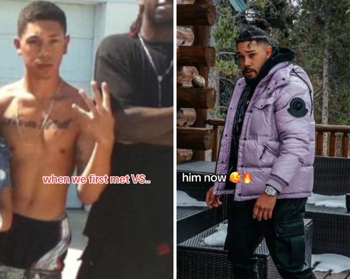 Side-by-side images showing a dramatic boyfriend glow-up effect transformation over time outdoors.