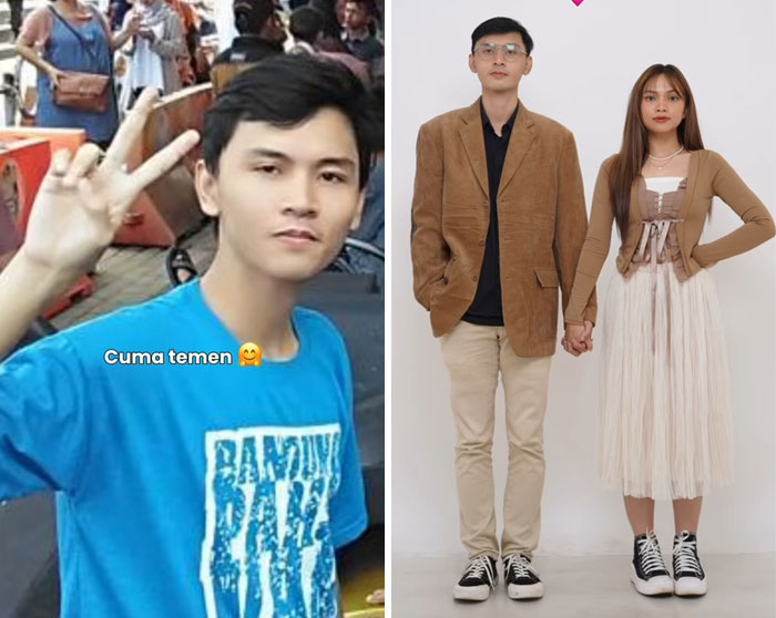 Side-by-side photos showing a man and woman before and after the girlfriend glow-up effect, holding hands and dressed stylishly.