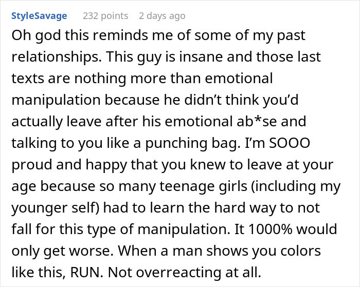 Comment discussing emotional manipulation in a jealous boyfriend and a girlfriend who dumps him despite his apologies.
