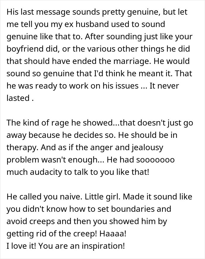 Text excerpt discussing jealousy and rage in a boyfriend, highlighting issues leading to the girlfriend dumping him despite his apologies.