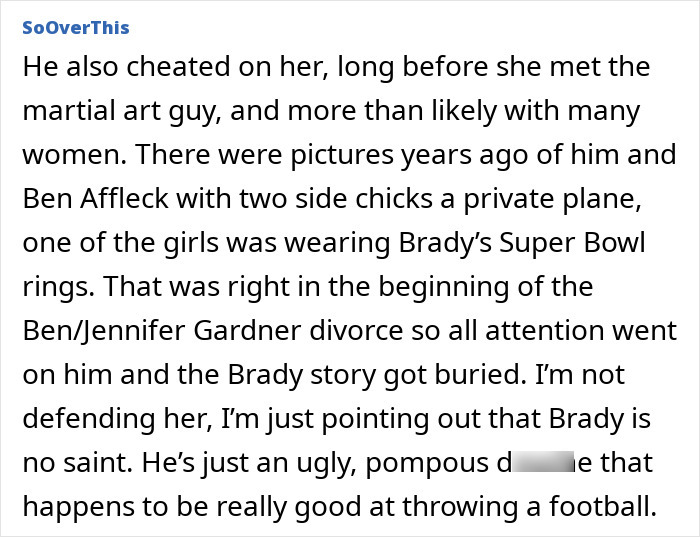 Alt text: Text discussing Tom Brady&rsquo;s controversies and Gisele B&uuml;ndchen&rsquo;s reaction to his parenting comments.