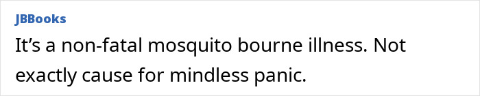 Text post from JBBooks stating it is a non-fatal mosquito borne illness with no cause for panic regarding chikungunya risk.