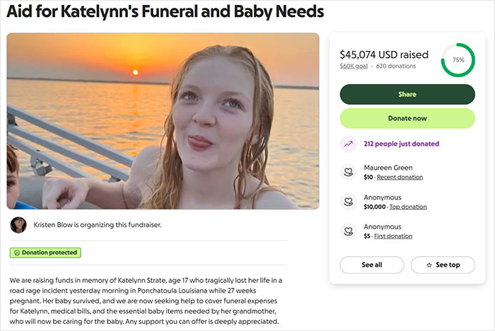 Fundraiser page showing photo of young woman with sunset background, raising aid for 7-month pregnant teen lost in road rage shooting. Fundraiser page showing photo of young woman with sunset background, raising aid for 7-month pregnant teen lost in road rage shooting.