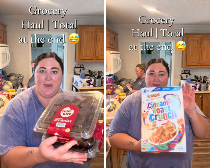 Woman in kitchen holding brownies and Cinnamon Toast Crunch cereal during American family grocery haul.