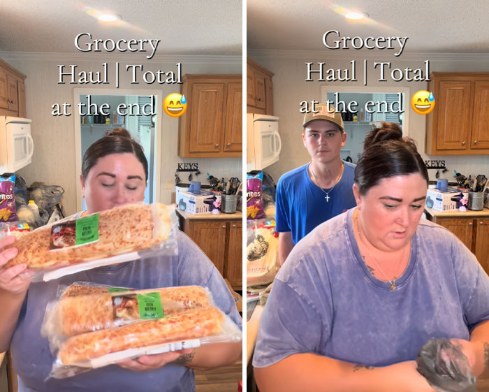 Woman and young man showing an American family grocery haul with various food items in a kitchen setting.