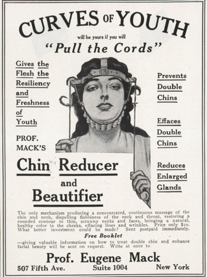 Vintage advertisement for Prof. Mack's chin reducer and beautifier promoting youth and reducing double chins.