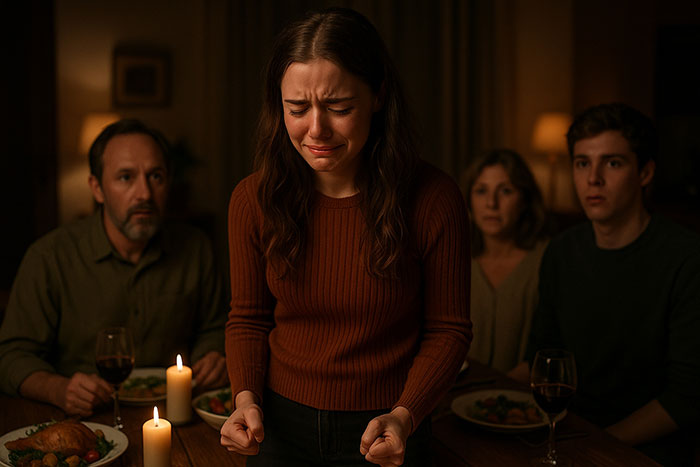 Young woman crying at dinner table while family members look on in shock after racist insult causes chaos.