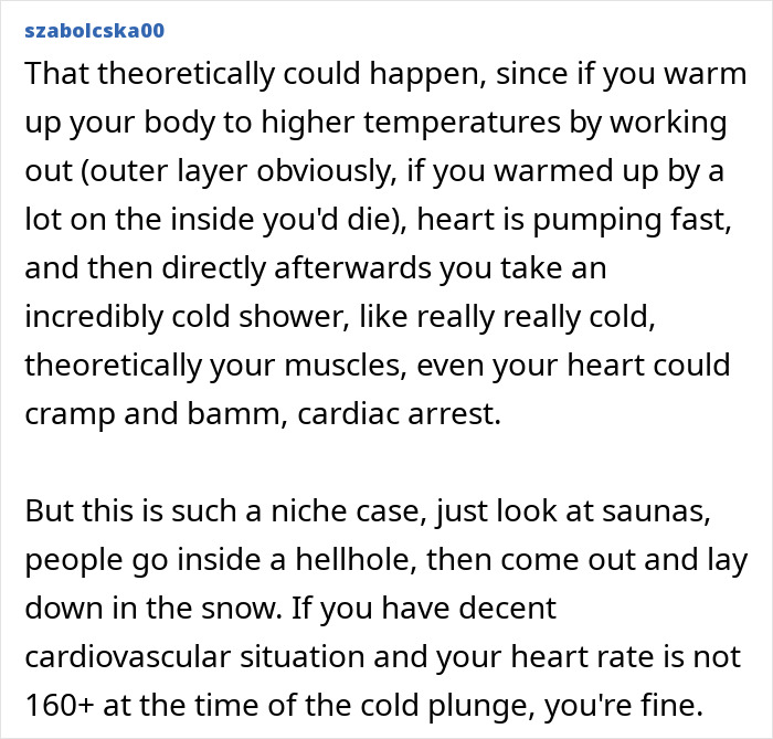 Comment explaining how a common post-workout mistake like a cold shower can lead to serious risks for gymgoers&rsquo; health.