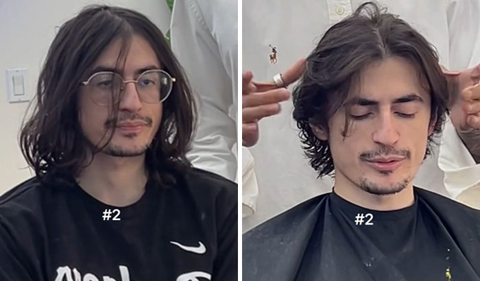 Before and after haircut transformation of a man showing a clear glow up with a stylish shorter hairstyle.