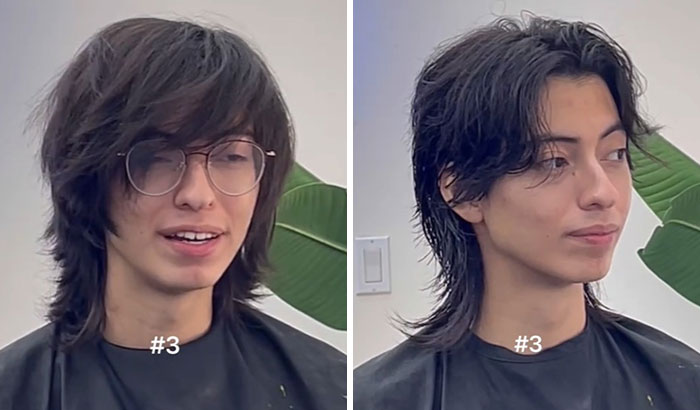 Before and after haircut transformation showing a young man’s glow up with a stylish new layered cut.