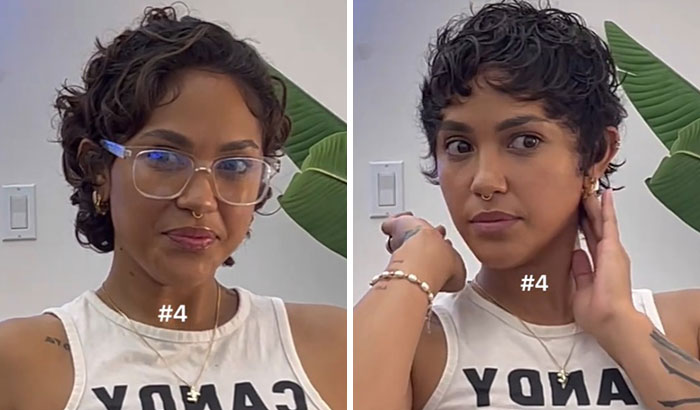 Before and after haircut transformation showing a woman’s glow up with a fresh short hairstyle.