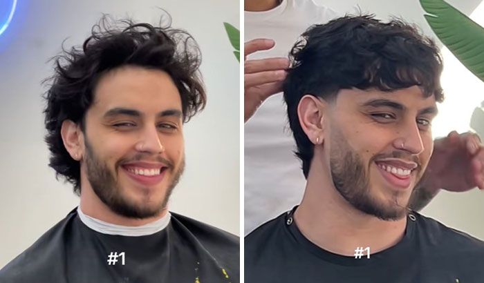Before and after haircut transformation showing a young man glowing up with a stylish new haircut.